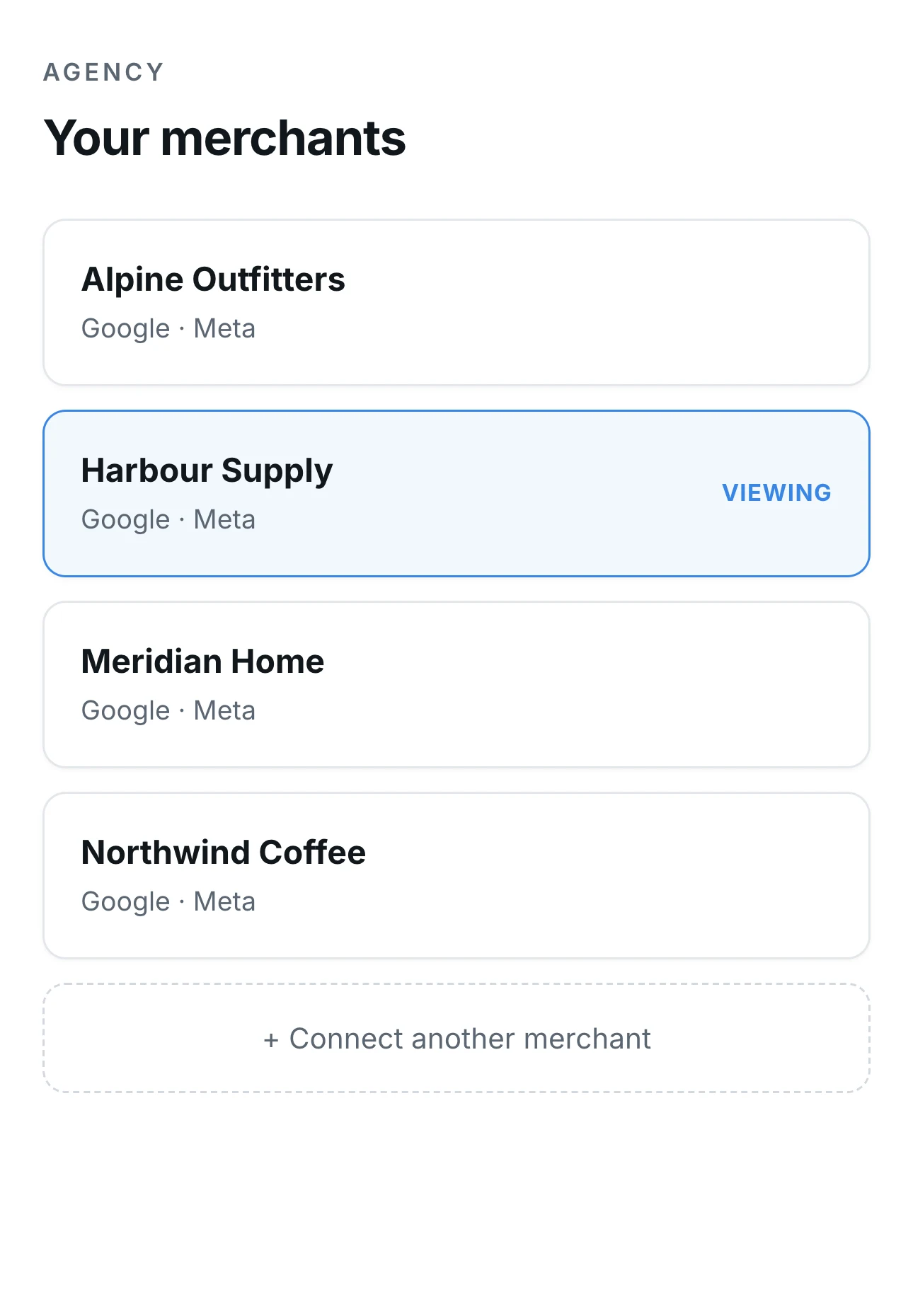 An agency's merchant list: four clients, each showing which platforms are connected, with one currently being viewed.